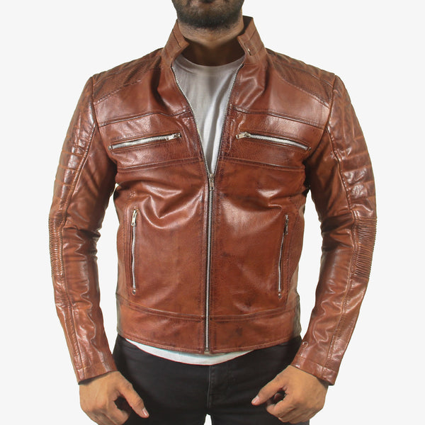 Men’s Brown Padded Cafe Racer Motorcycle Jacket