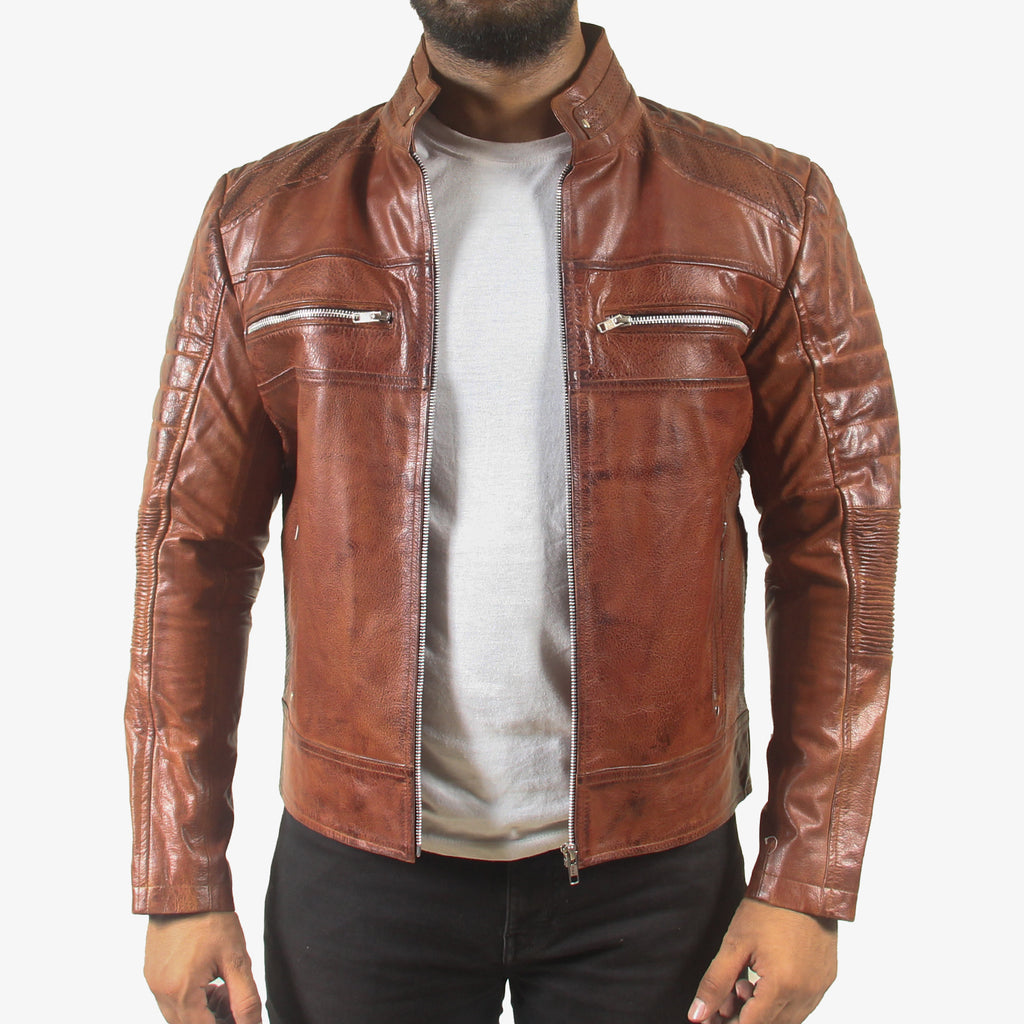 Men’s Brown Padded Cafe Racer Motorcycle Jacket
