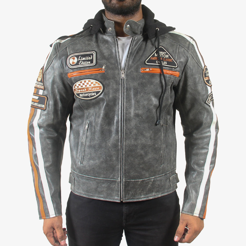 Men’s Retro Hooded Padded Motorcycle Jacket - Grey