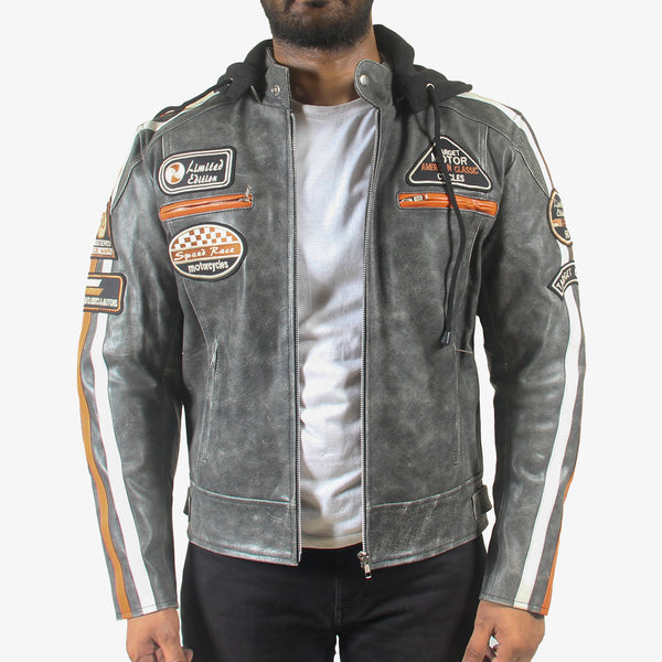 Men’s Retro Hooded Padded Motorcycle Jacket - Grey
