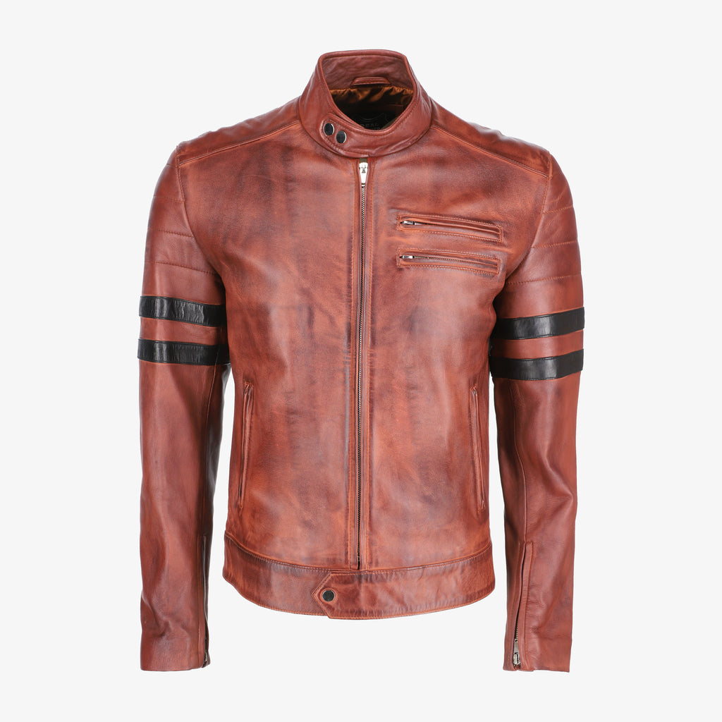 Men’s Brown Leather Jacket with Black Stripes
