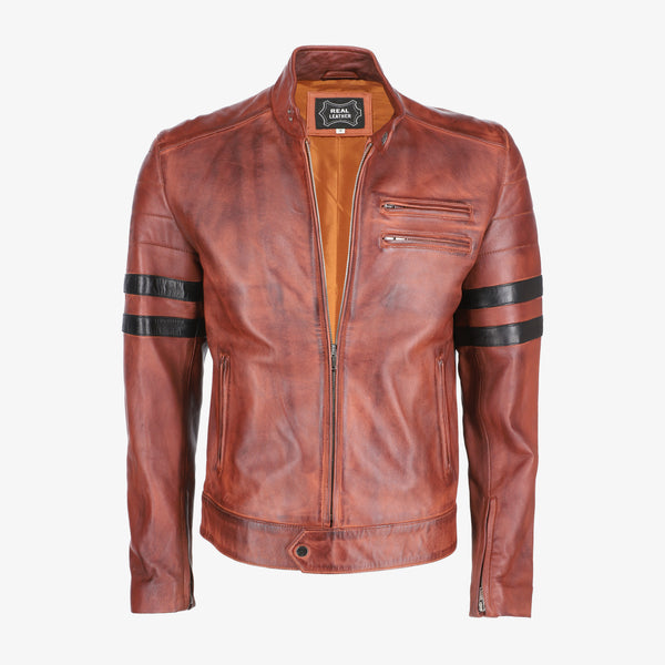 Men’s Brown Leather Jacket with Black Stripes
