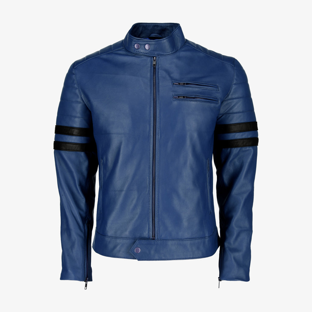 Men’s Black Leather Jacket with Red Stripes
