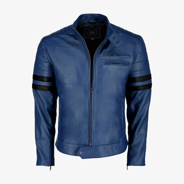 Men’s Black Leather Jacket with Red Stripes