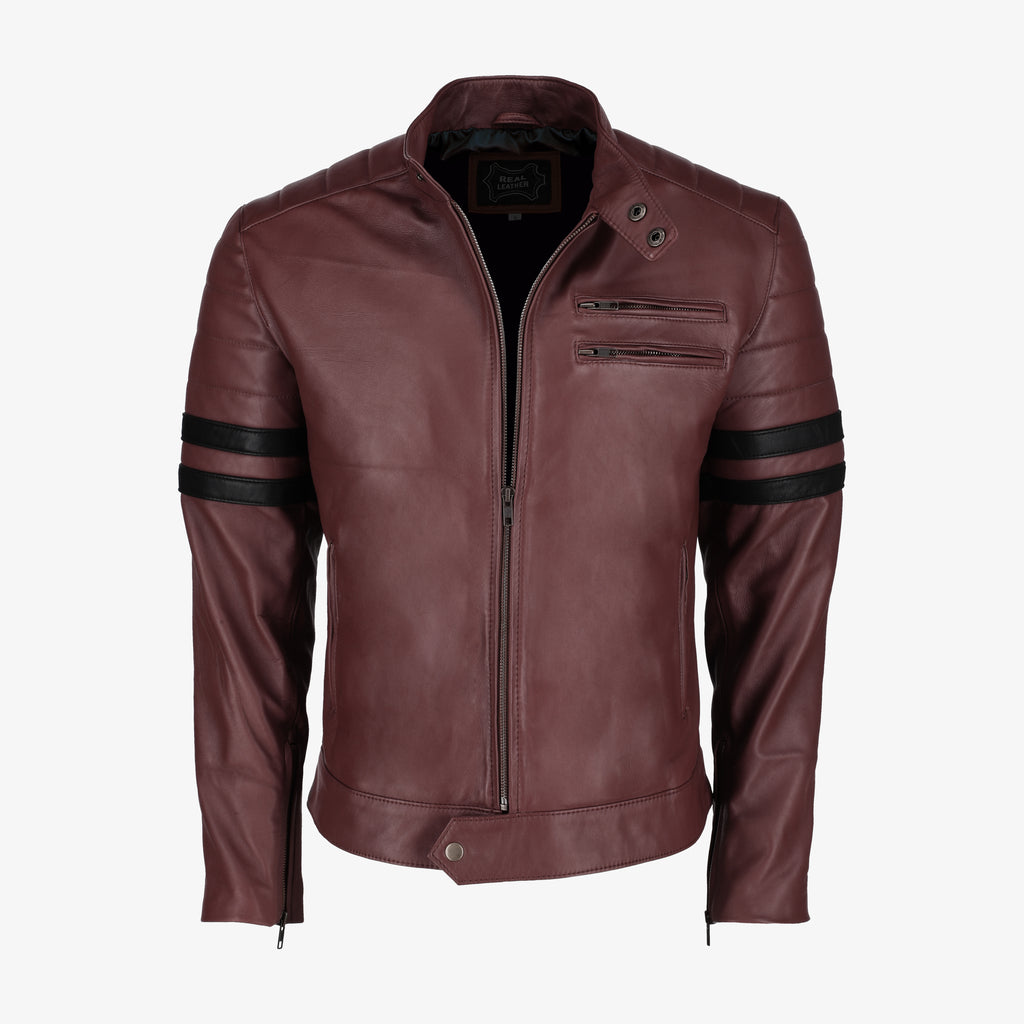 Men’s Black Leather Jacket with Red Stripes