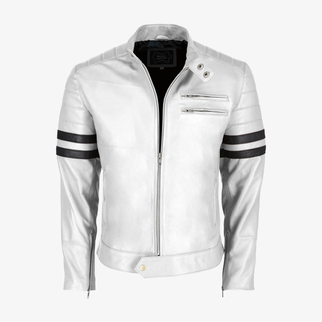 Men’s Black Leather Jacket with Red Stripes