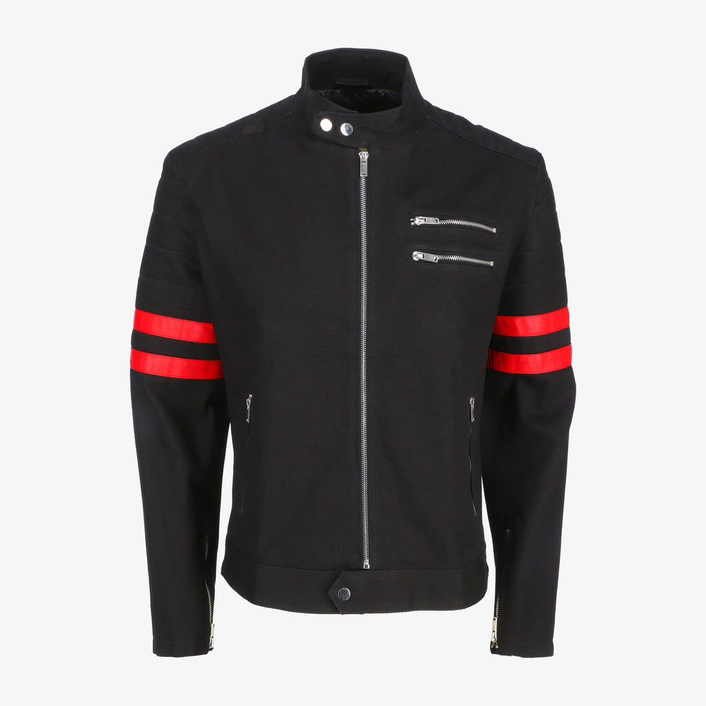 Men’s Black Denim Jacket with Red Stripe Details