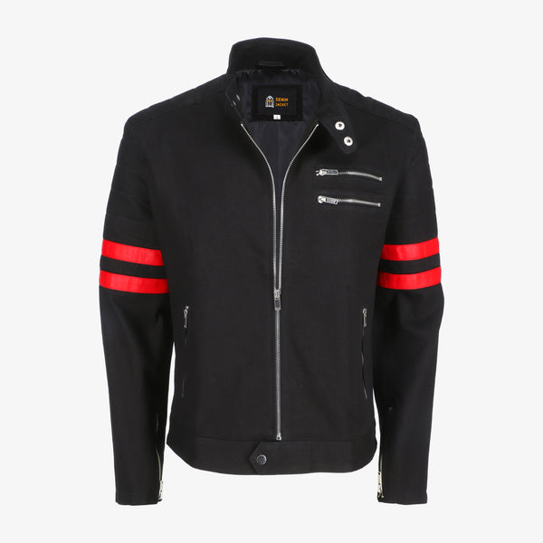 Men’s Black Denim Jacket with Red Stripe Details