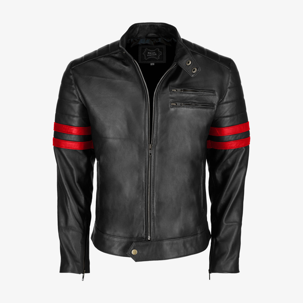 Men’s Black Leather Jacket with Red Stripes