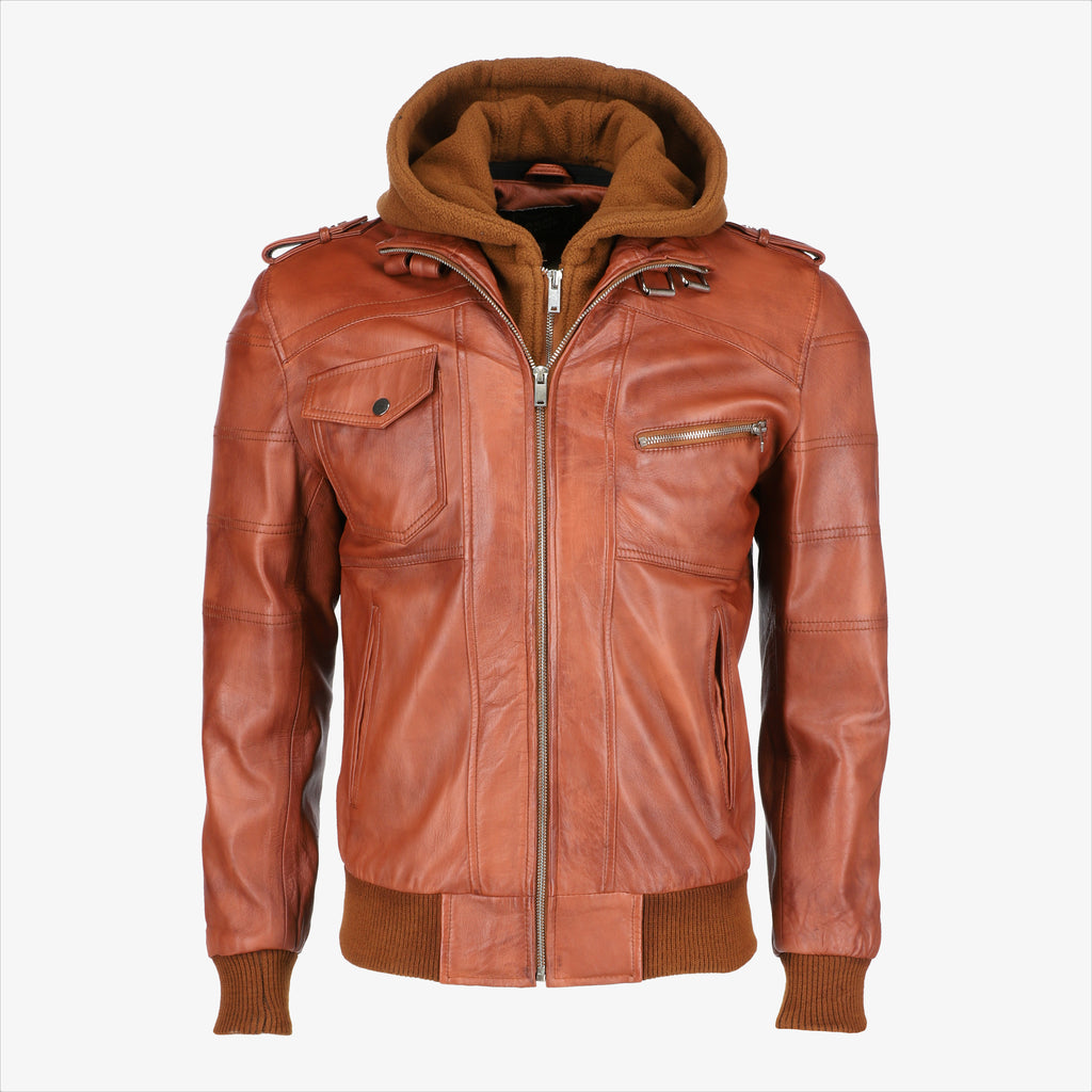 Men’s Brown Leather Jacket with Removable Hood