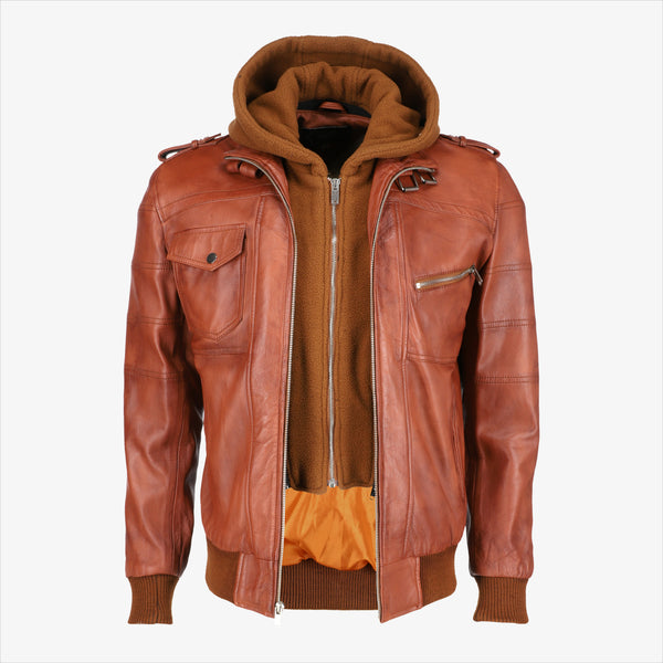 Men’s Brown Leather Jacket with Removable Hood