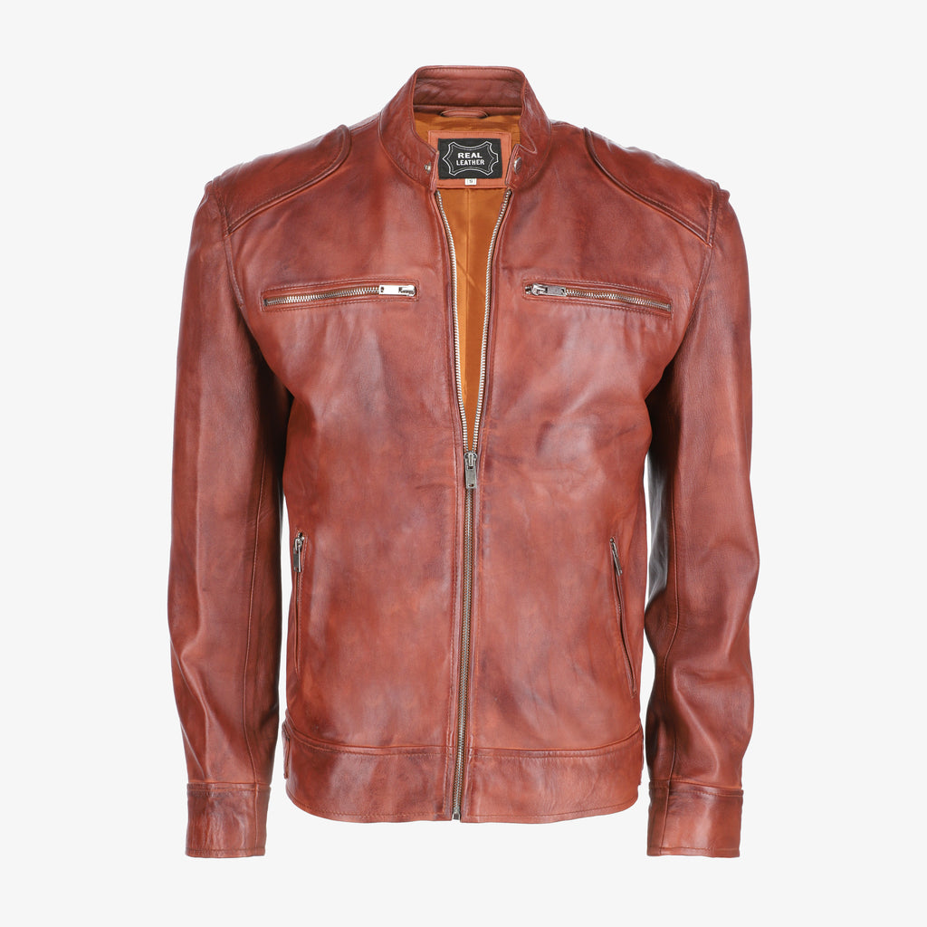 Men’s Brown Leather Jacket with Shoulder Pads
