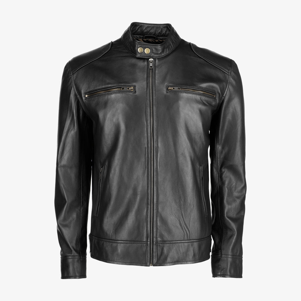 Men’s Black Leather Jacket with Shoulder Pads
