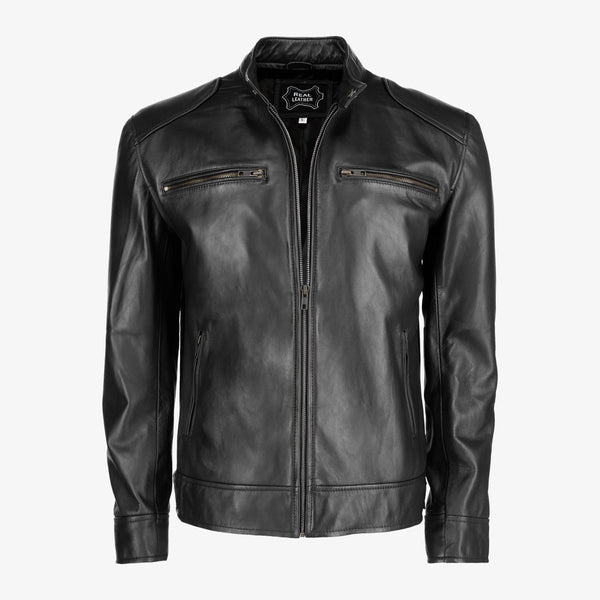 Men’s Black Leather Jacket with Shoulder Pads