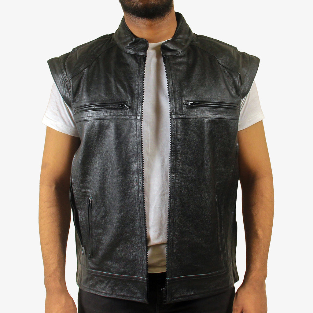 Men’s Black Convertible Leather Vest Jacket