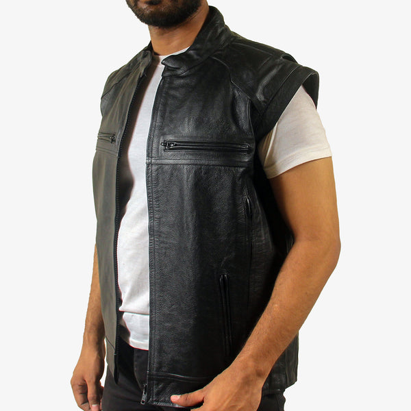 Men’s Black Convertible Leather Vest Jacket