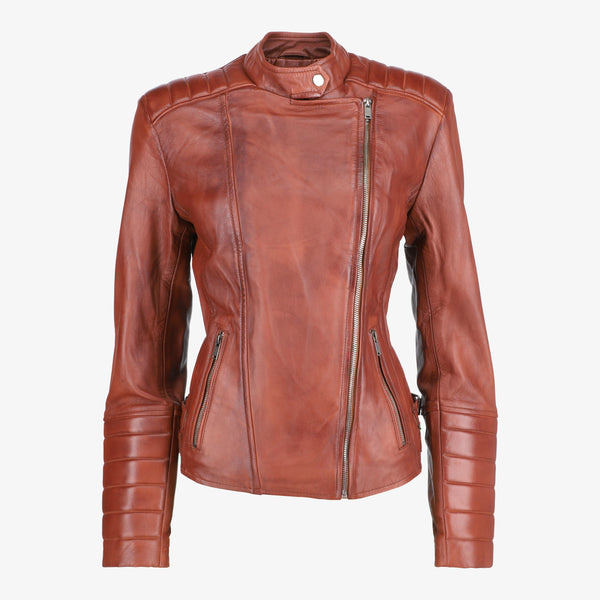 Women’s Brown Asymmetrical Lambskin Leather Jacket with Quilted Sleeves