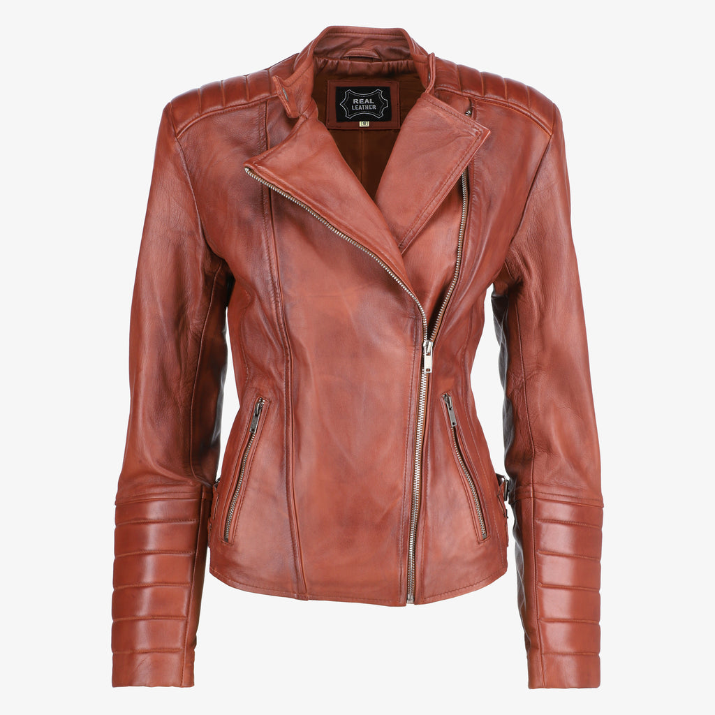 Women’s Brown Asymmetrical Lambskin Leather Jacket with Quilted Sleeves