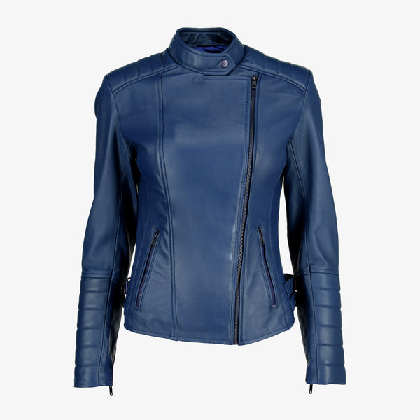Women’s Black Asymmetrical Lambskin Leather Jacket with Quilted Sleeves
