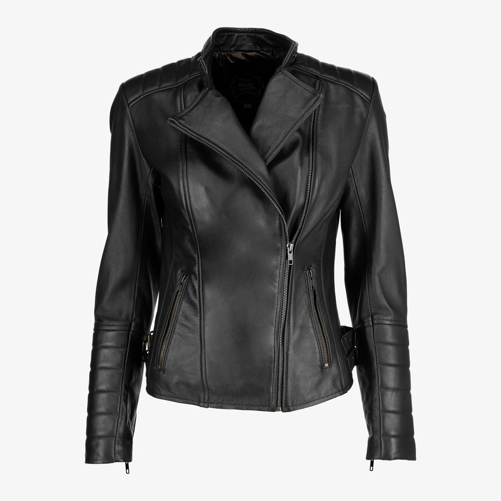 Women’s Black Asymmetrical Lambskin Leather Jacket with Quilted Sleeves