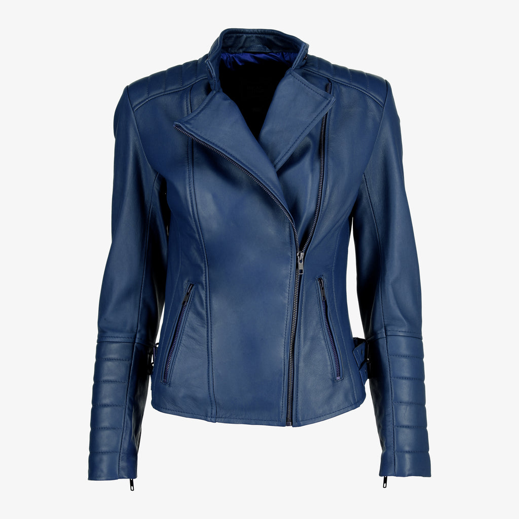Women’s Black Asymmetrical Lambskin Leather Jacket with Quilted Sleeves