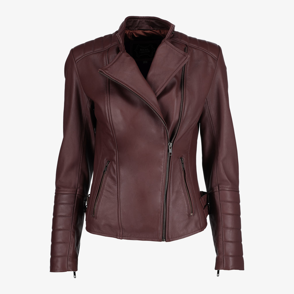 Women’s Black Asymmetrical Lambskin Leather Jacket with Quilted Sleeves