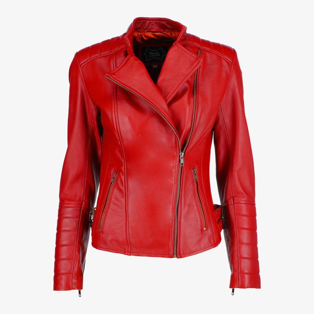 Women’s Black Asymmetrical Lambskin Leather Jacket with Quilted Sleeves