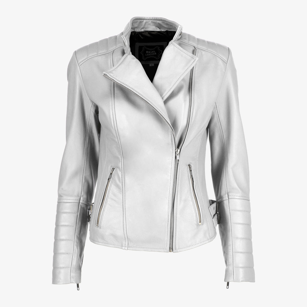 Women’s Black Asymmetrical Lambskin Leather Jacket with Quilted Sleeves