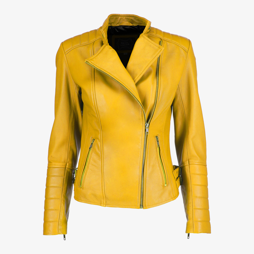 Women’s Black Asymmetrical Lambskin Leather Jacket with Quilted Sleeves