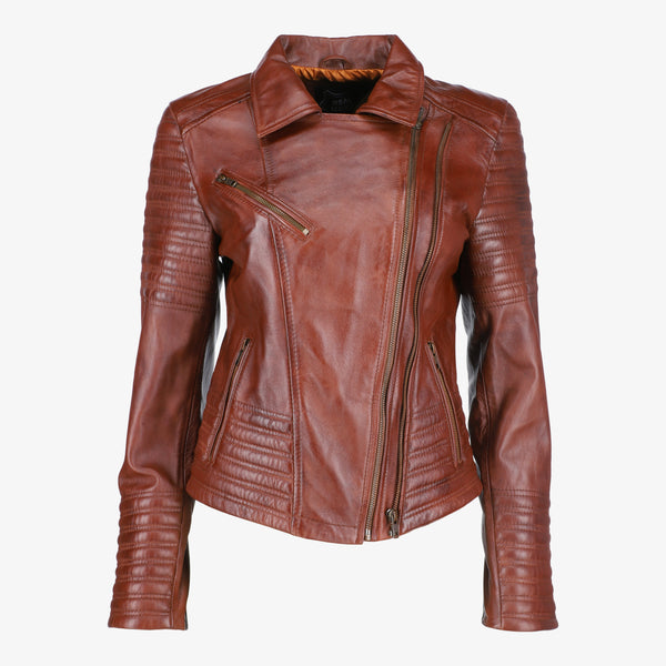 Asymmetrical Biker Brown Leather Jacket for Women