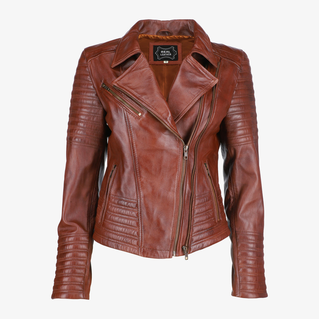 Asymmetrical Biker Brown Leather Jacket for Women