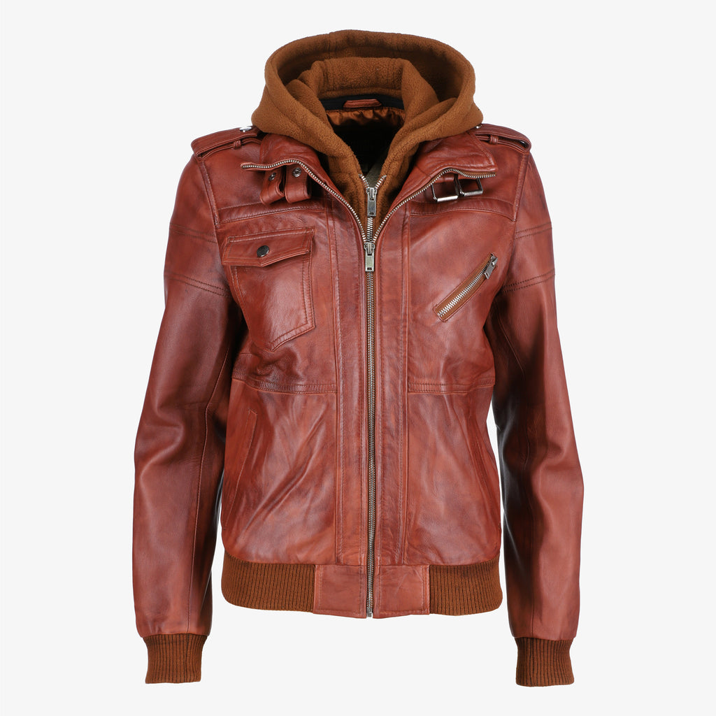 Removable Hood Brown Leather Jacket for Women