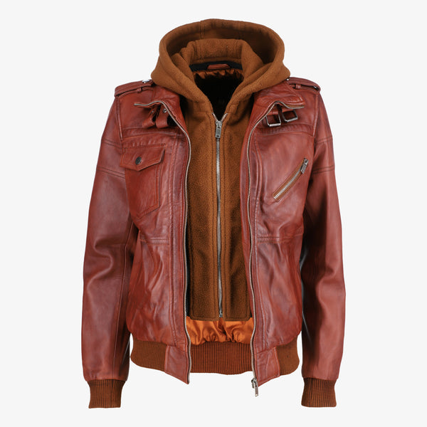 Removable Hood Brown Leather Jacket for Women