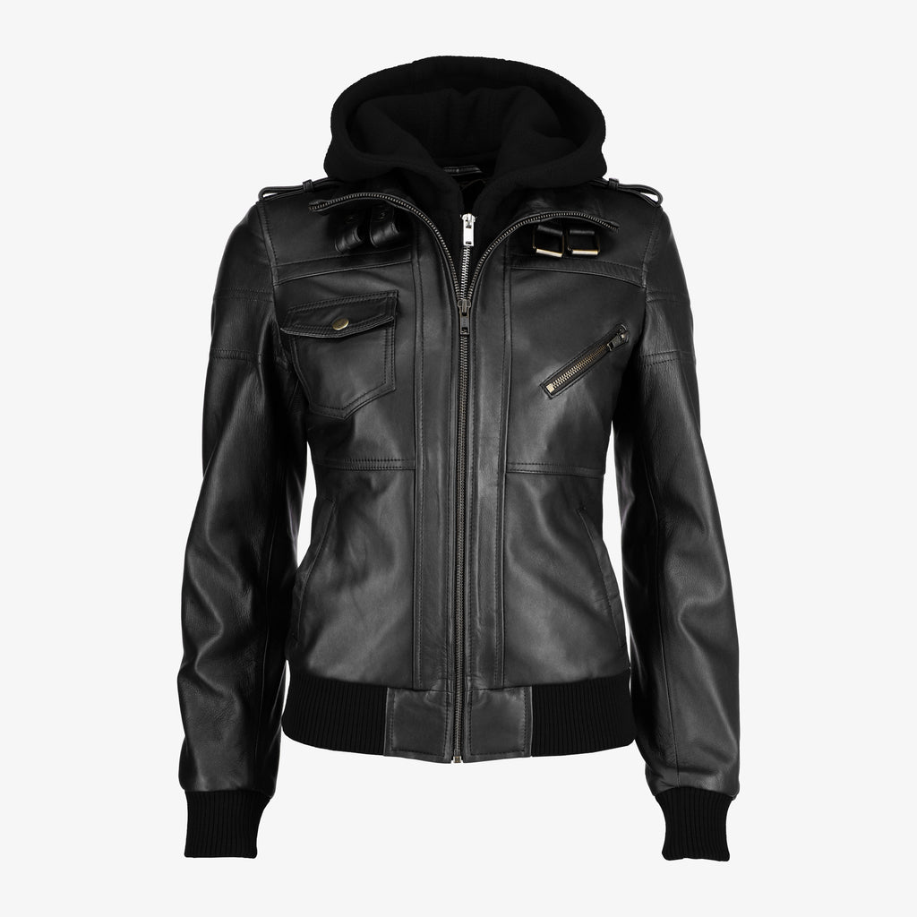 Removable Hood Black Leather Jacket for Women
