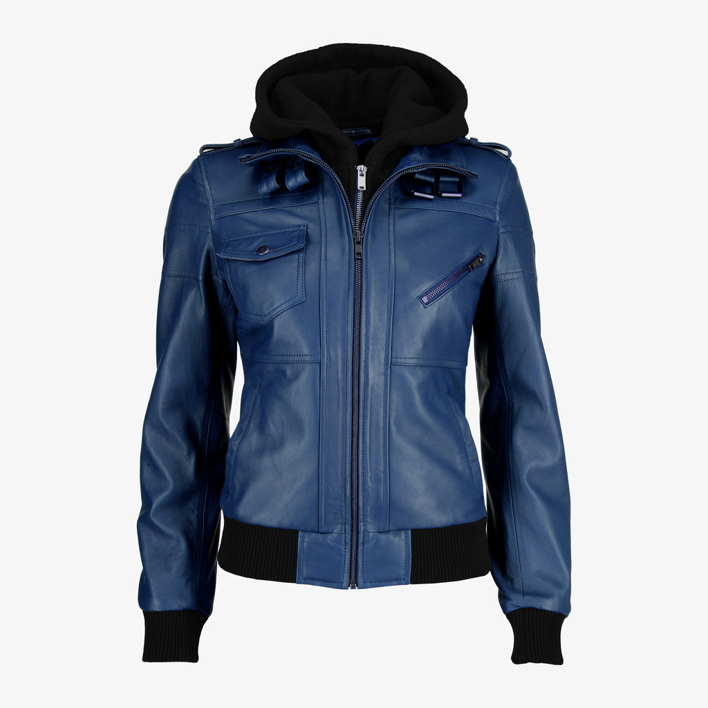 Removable Hood Black Leather Jacket for Women