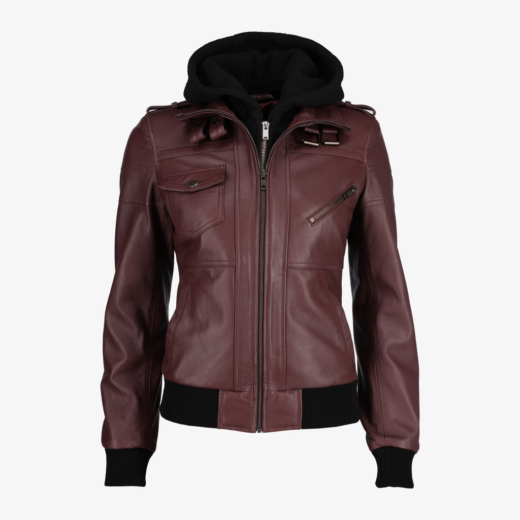Removable Hood Black Leather Jacket for Women