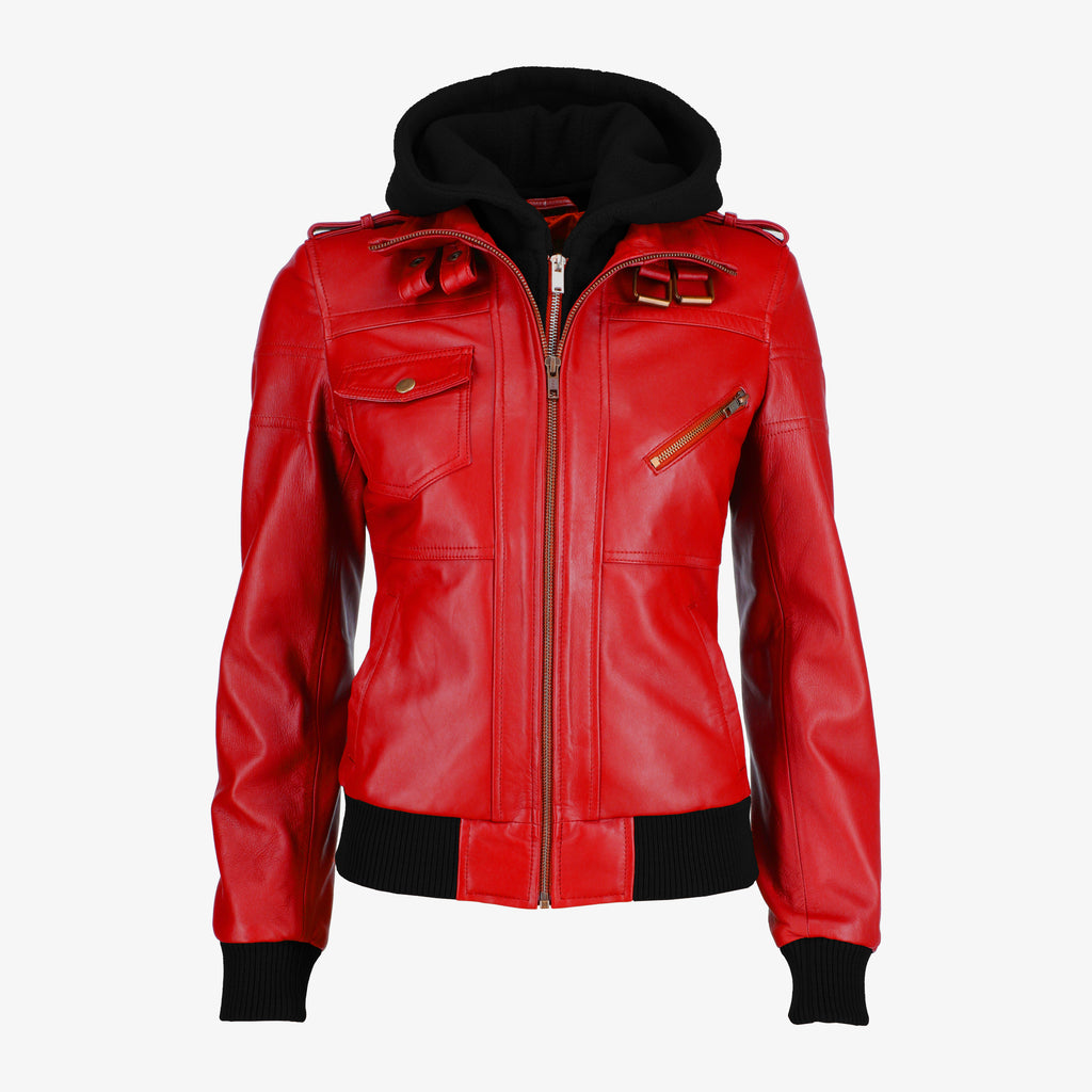 Removable Hood Black Leather Jacket for Women