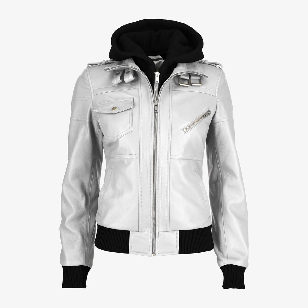 Removable Hood Black Leather Jacket for Women