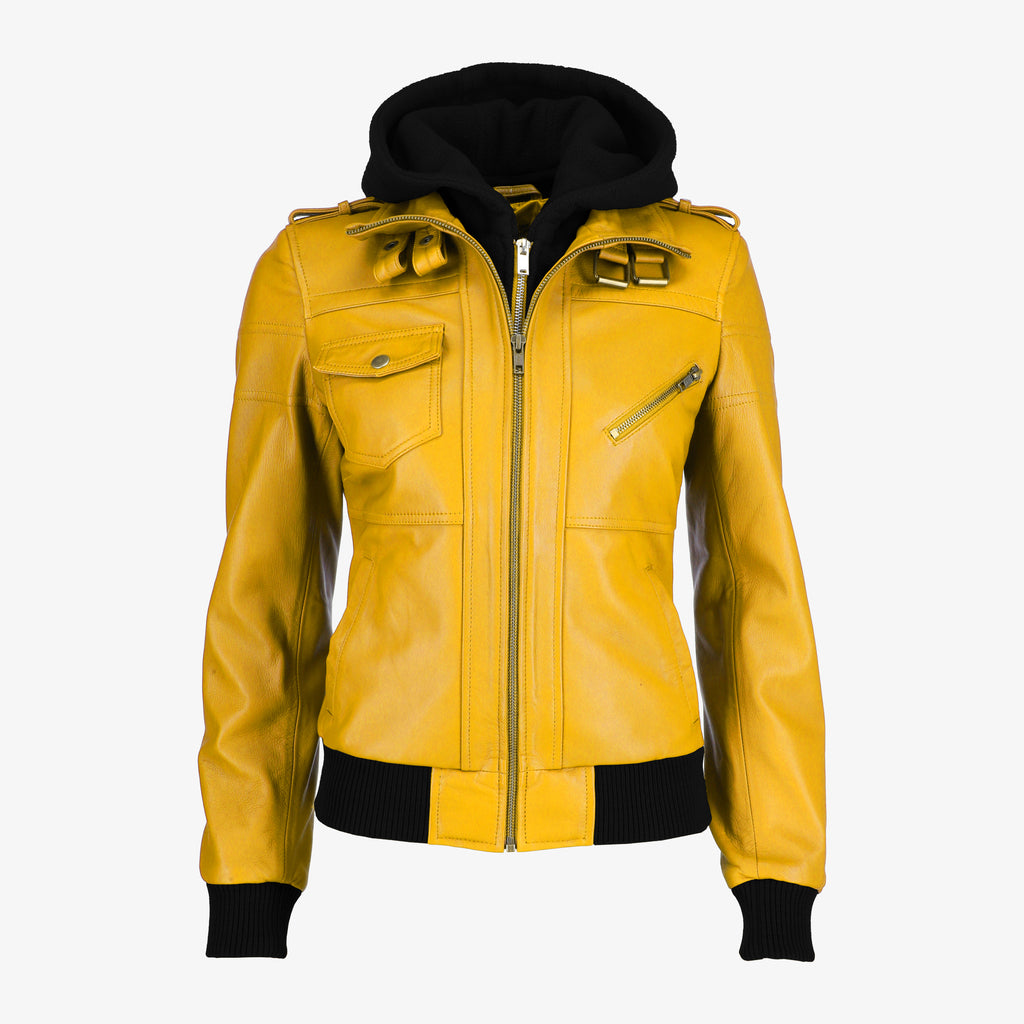 Removable Hood Black Leather Jacket for Women