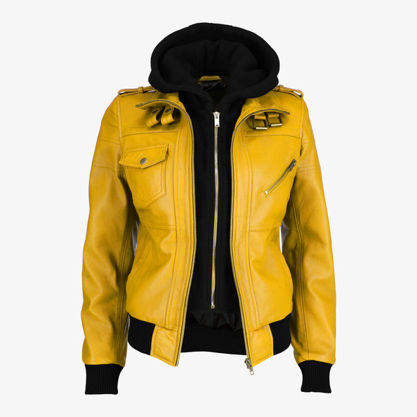 Removable Hood Black Leather Jacket for Women
