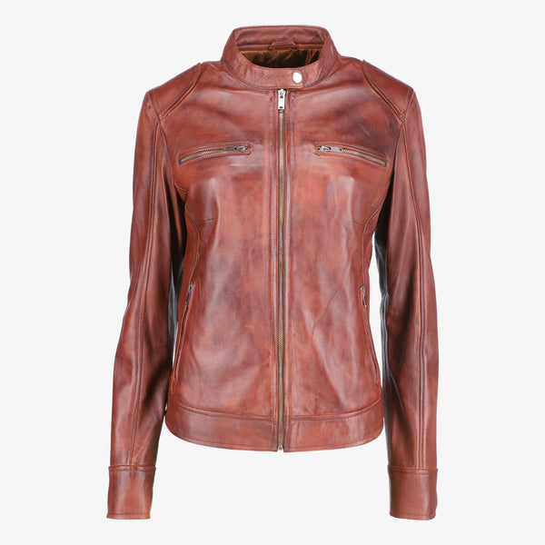 Brown Leather Jacket with Shoulder Pads for Women