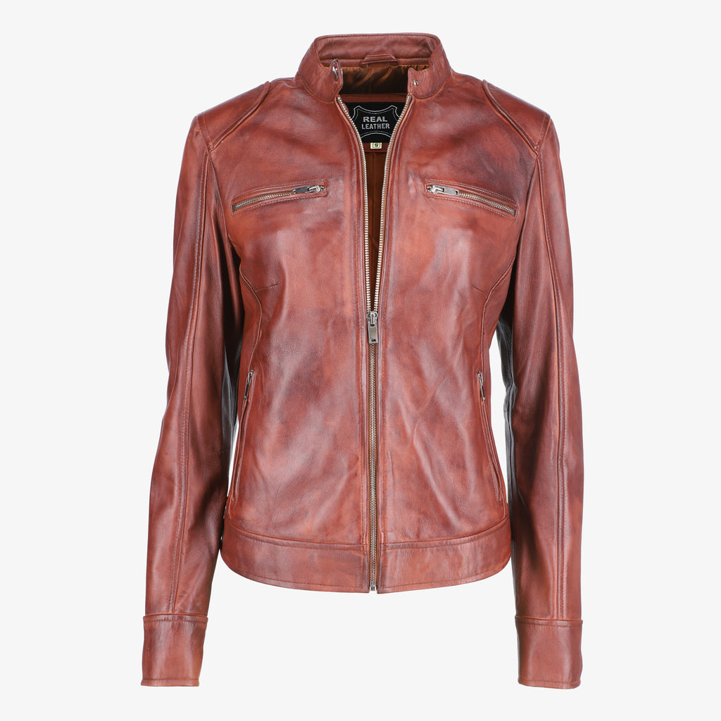 Brown Leather Jacket with Shoulder Pads for Women