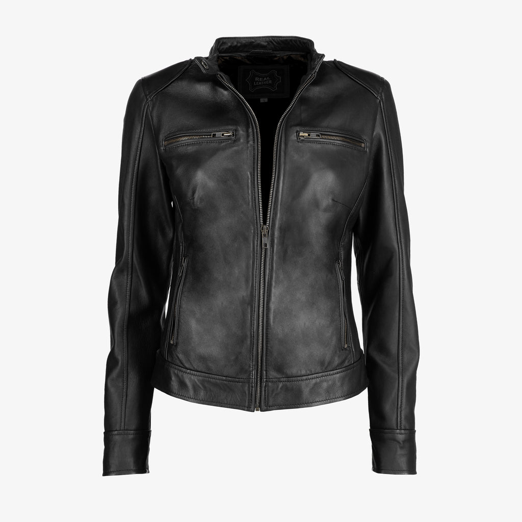 Black Leather Jacket with Shoulder Pads for Women