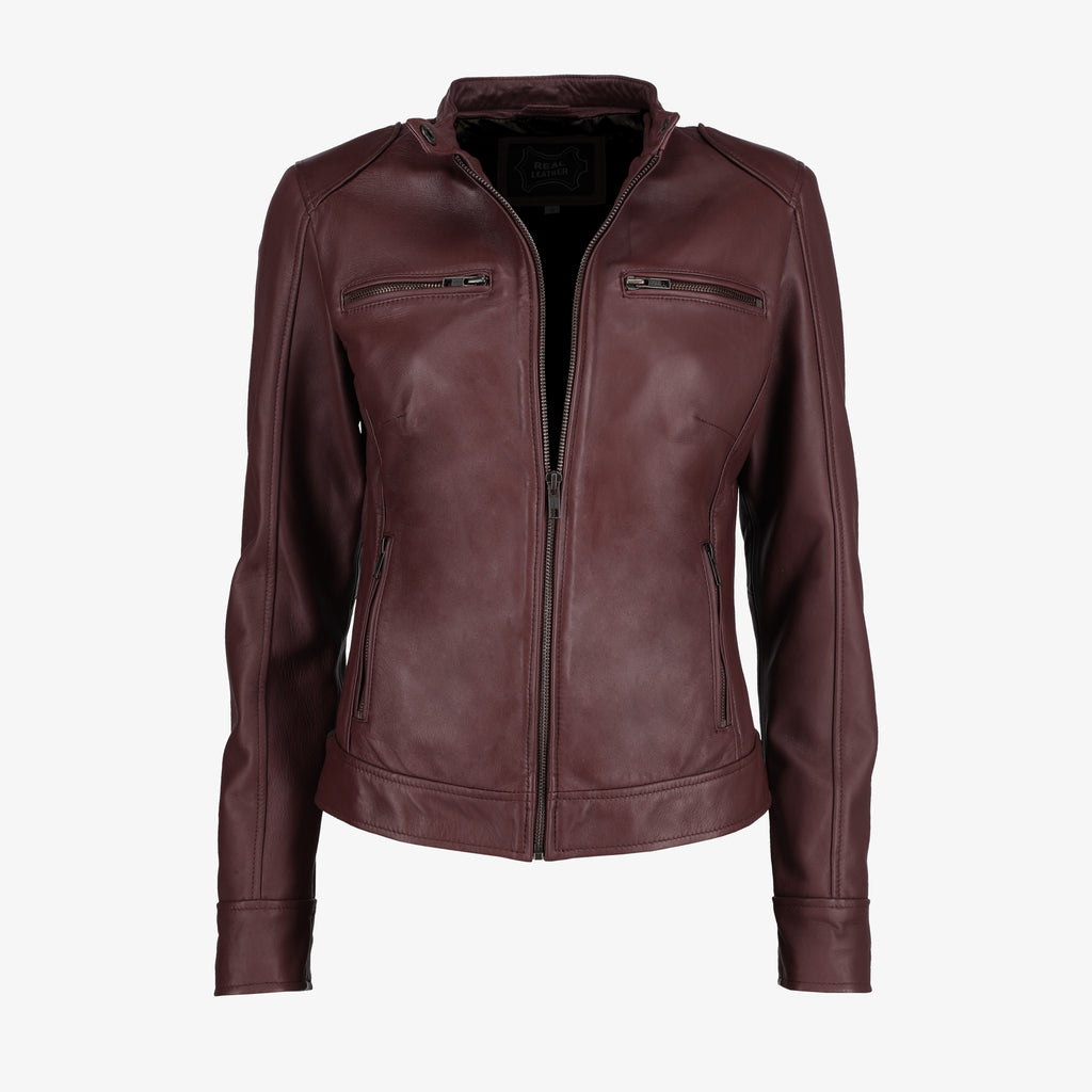Black Leather Jacket with Shoulder Pads for Women