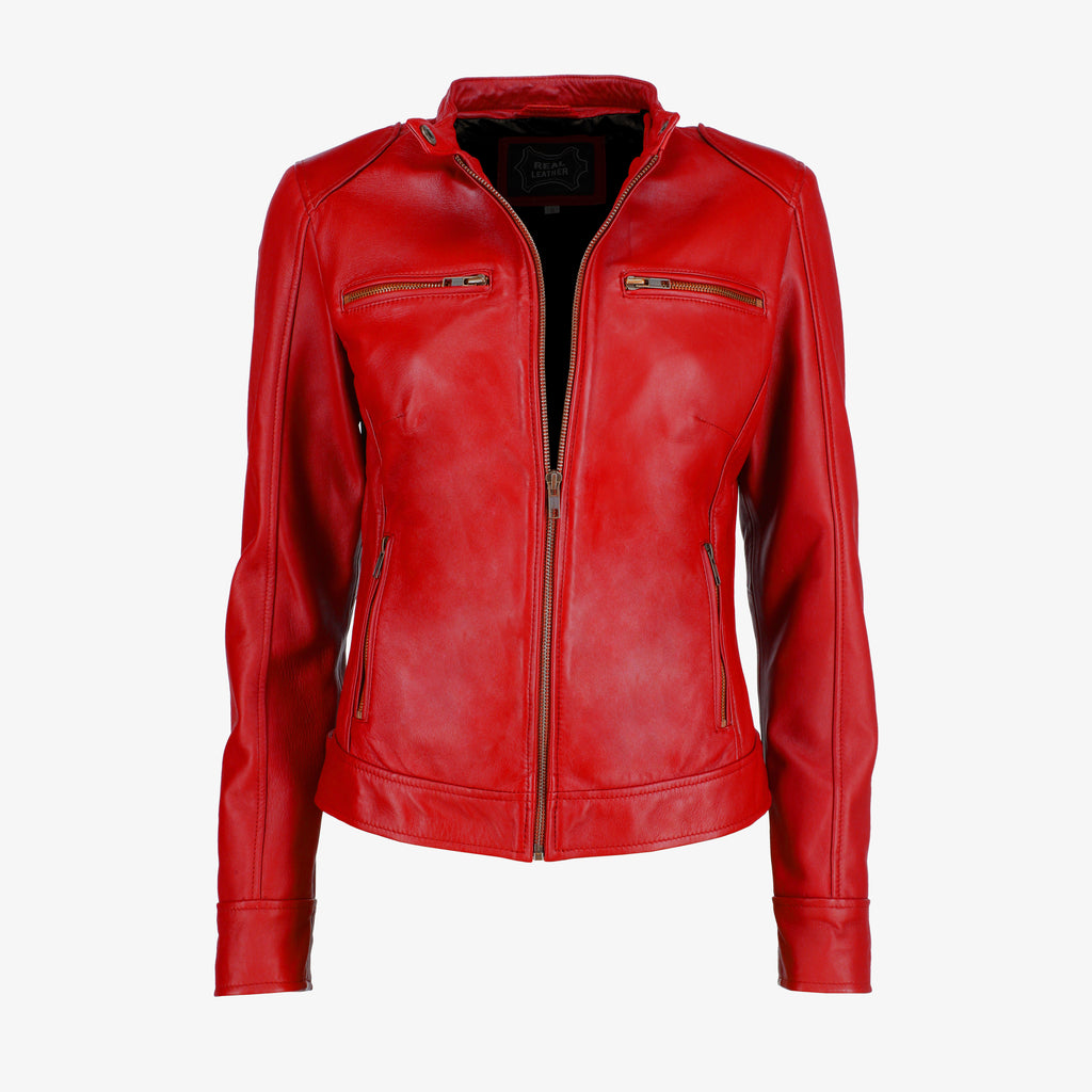 Black Leather Jacket with Shoulder Pads for Women