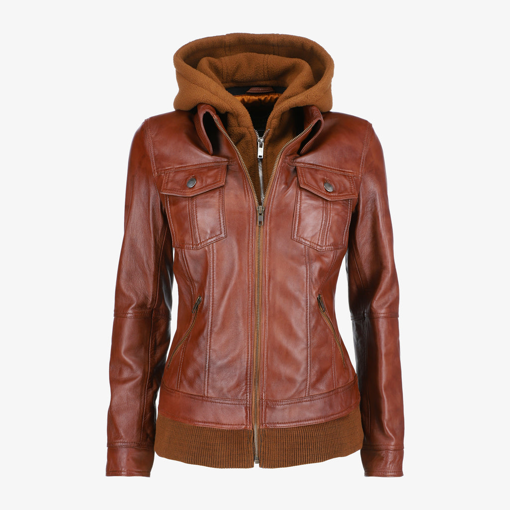Removable Trucker Hood Brown Leather Jacket for Women