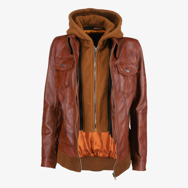 Removable Trucker Hood Brown Leather Jacket for Women